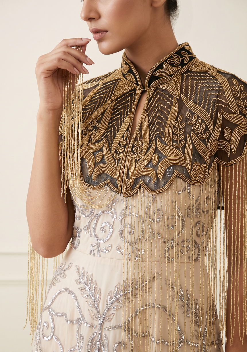 ibBan Beaded Net Neck Cape with Fringe - Sela