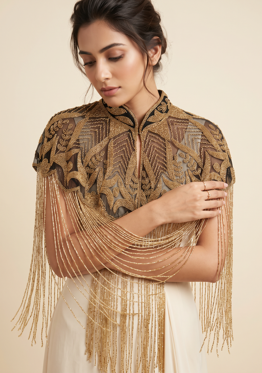 ibBan Beaded Net Neck Cape with Fringe - Sela