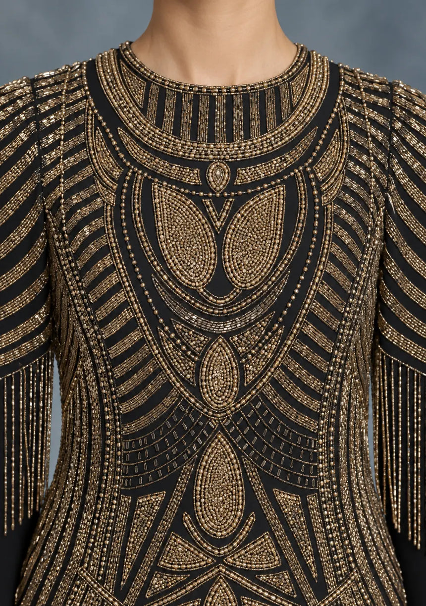 ibBan Women’s Long Dress with Hand Beadwork & Fringe Sleeves -  Esmi