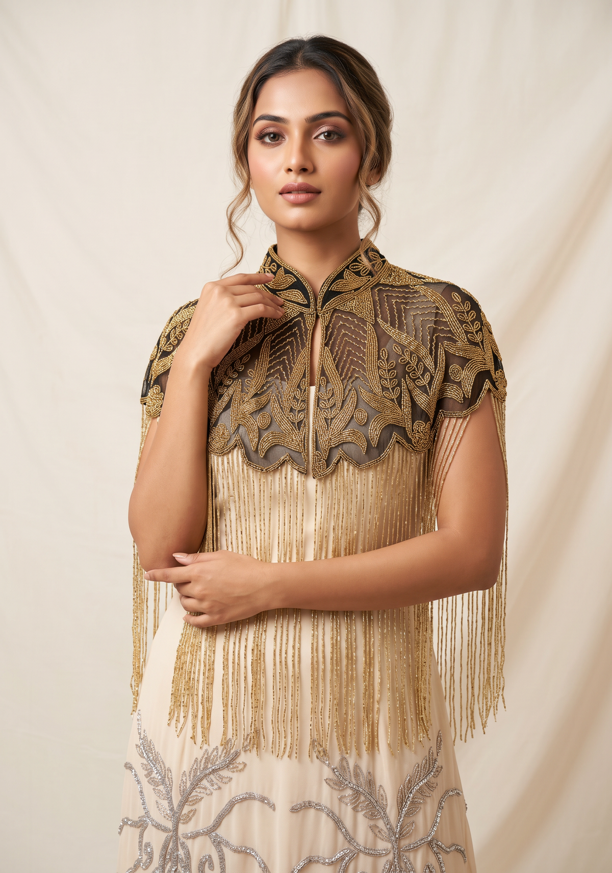 ibBan Beaded Net Neck Cape with Fringe - Sela