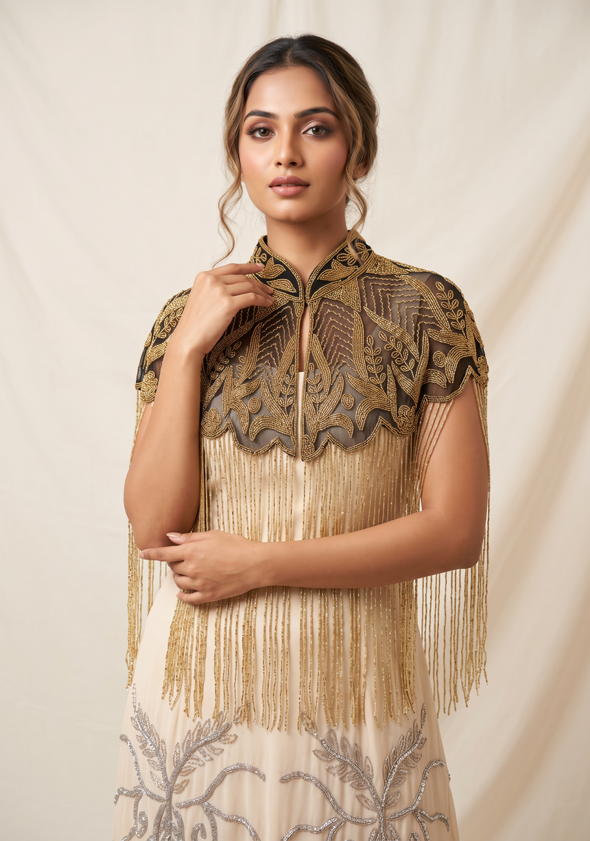 ibBan Beaded Net Neck Cape with Fringe - Sela
