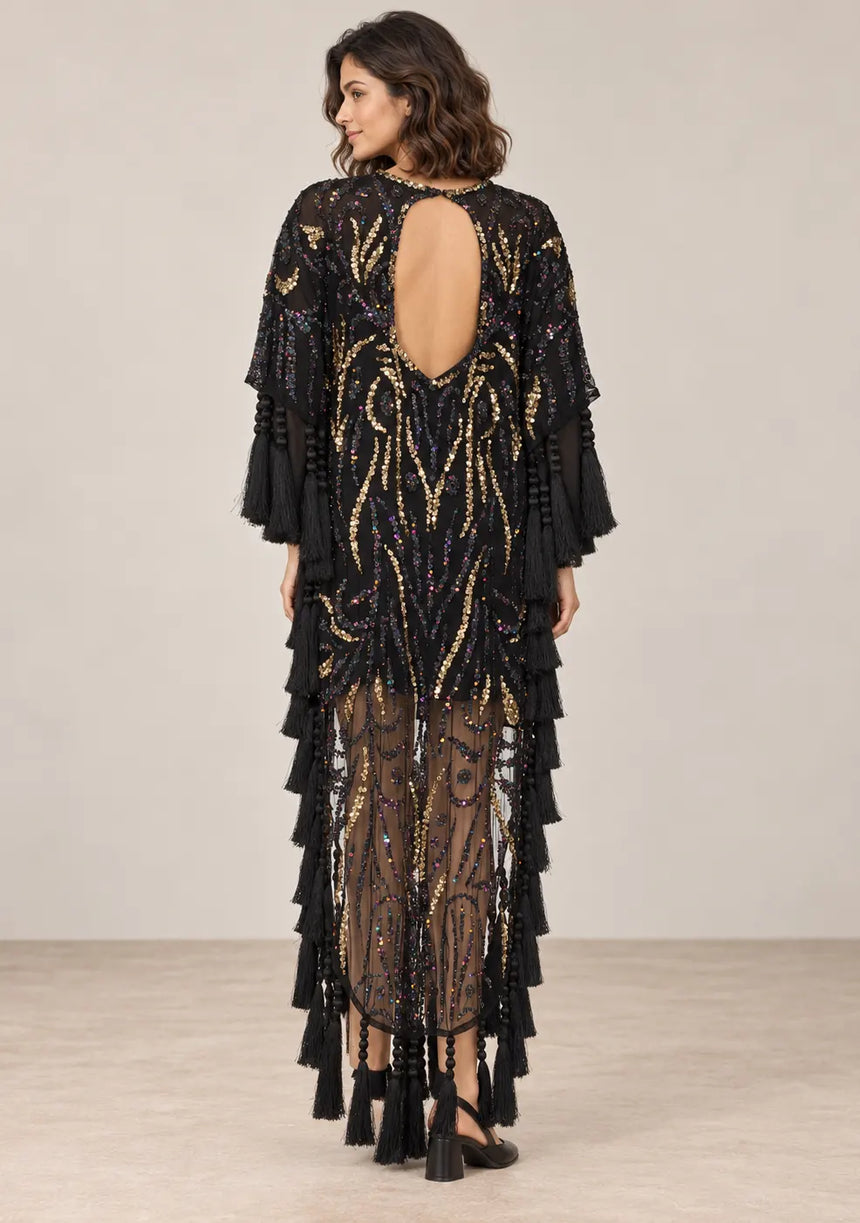 Women’s Kaftan Dress with Hand Beadwork & Tassel Fringe -Emlia