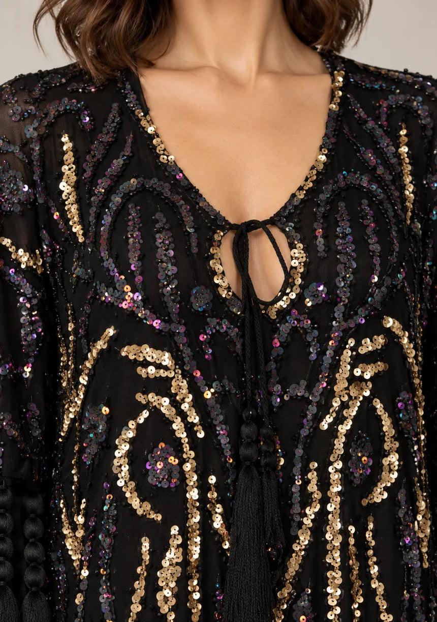 Women’s Kaftan Dress with Hand Beadwork & Tassel Fringe -Emlia