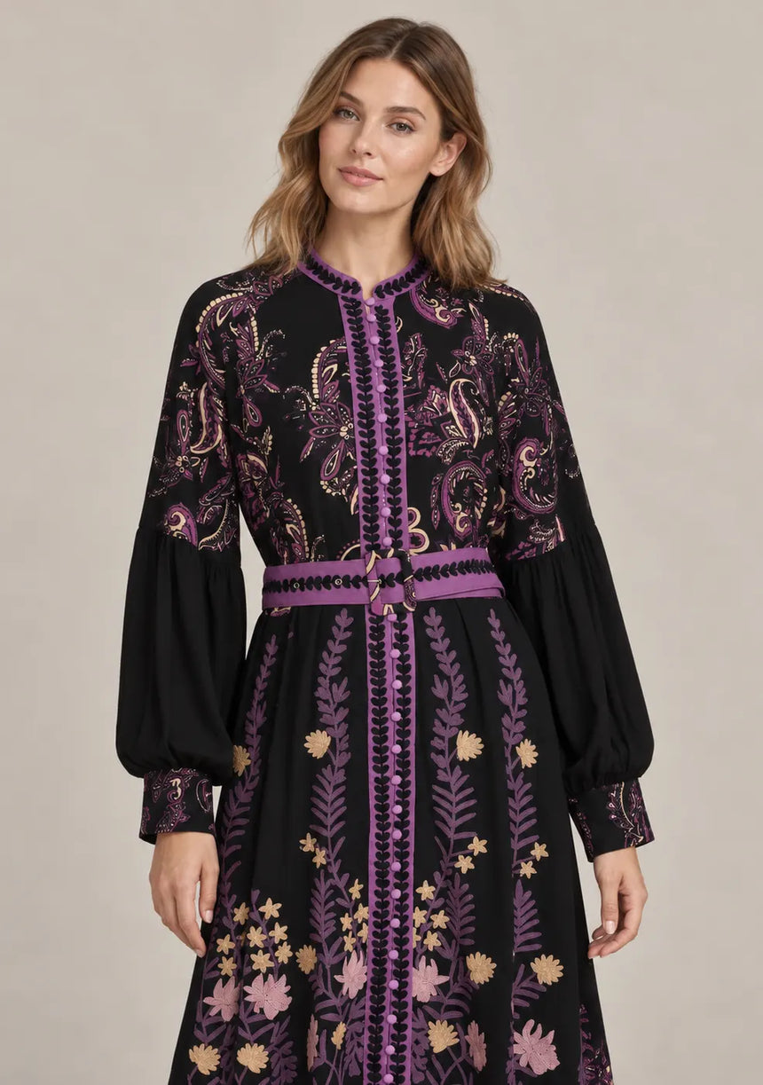 ibBan Cotton Long Dress with Contrast Waist Belt -Minja