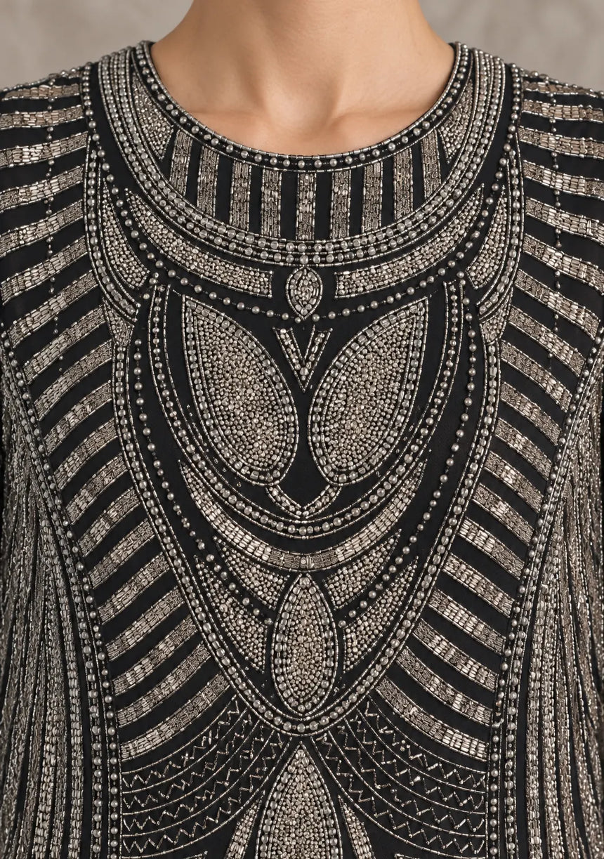ibBan Women’s Long Dress with Hand Beadwork & Fringe Sleeves -  Esmi