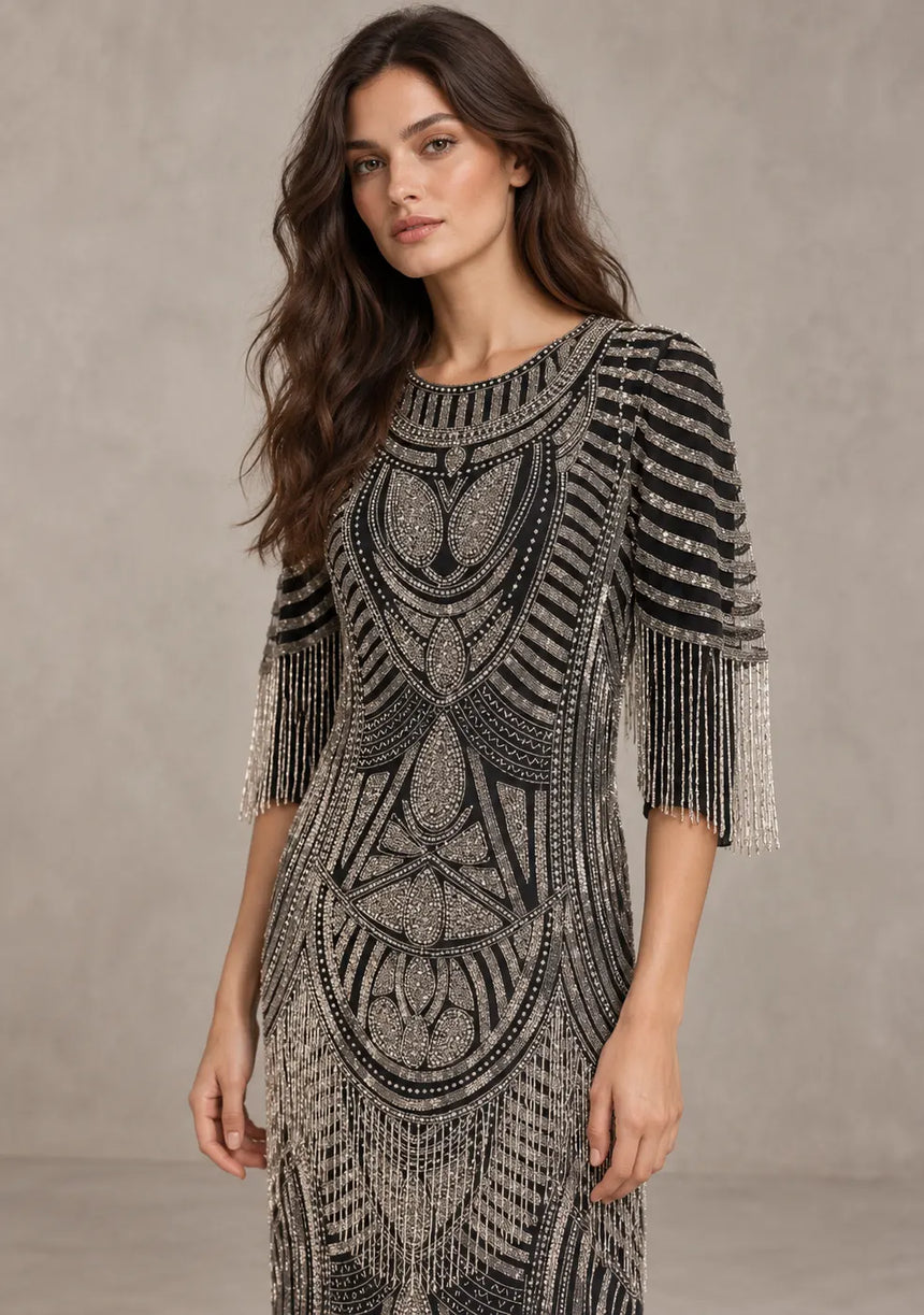 ibBan Women’s Long Dress with Hand Beadwork & Fringe Sleeves -  Esmi