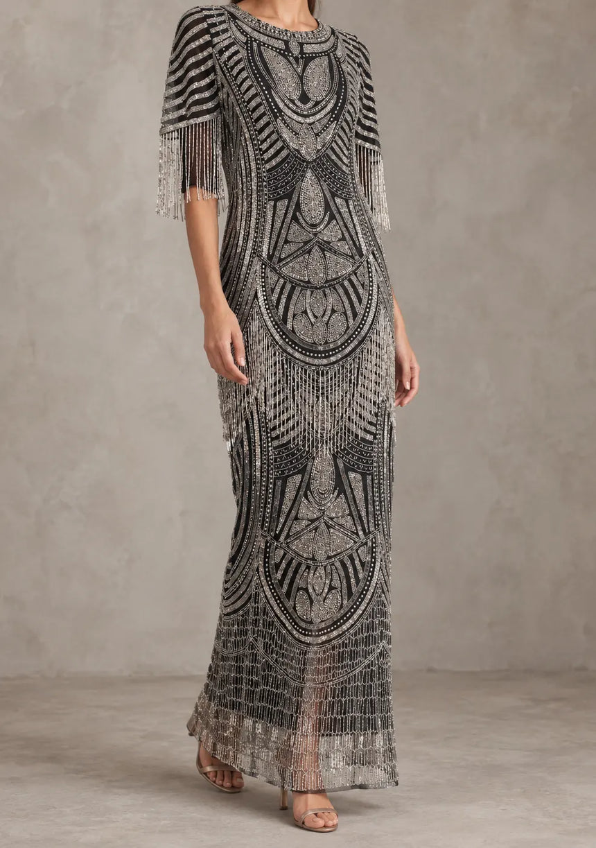 ibBan Women’s Long Dress with Hand Beadwork & Fringe Sleeves -  Esmi