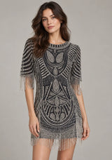 ibBan Party Short Dress with Beadwork & Fringe Sleeves - Esmi