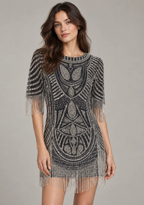 ibBan Party Short Dress with Beadwork & Fringe Sleeves - Esmi