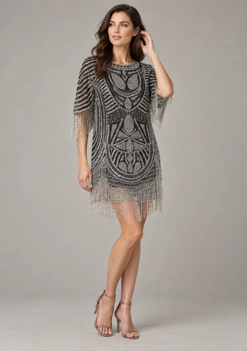 ibBan Party Short Dress with Beadwork & Fringe Sleeves - Esmi