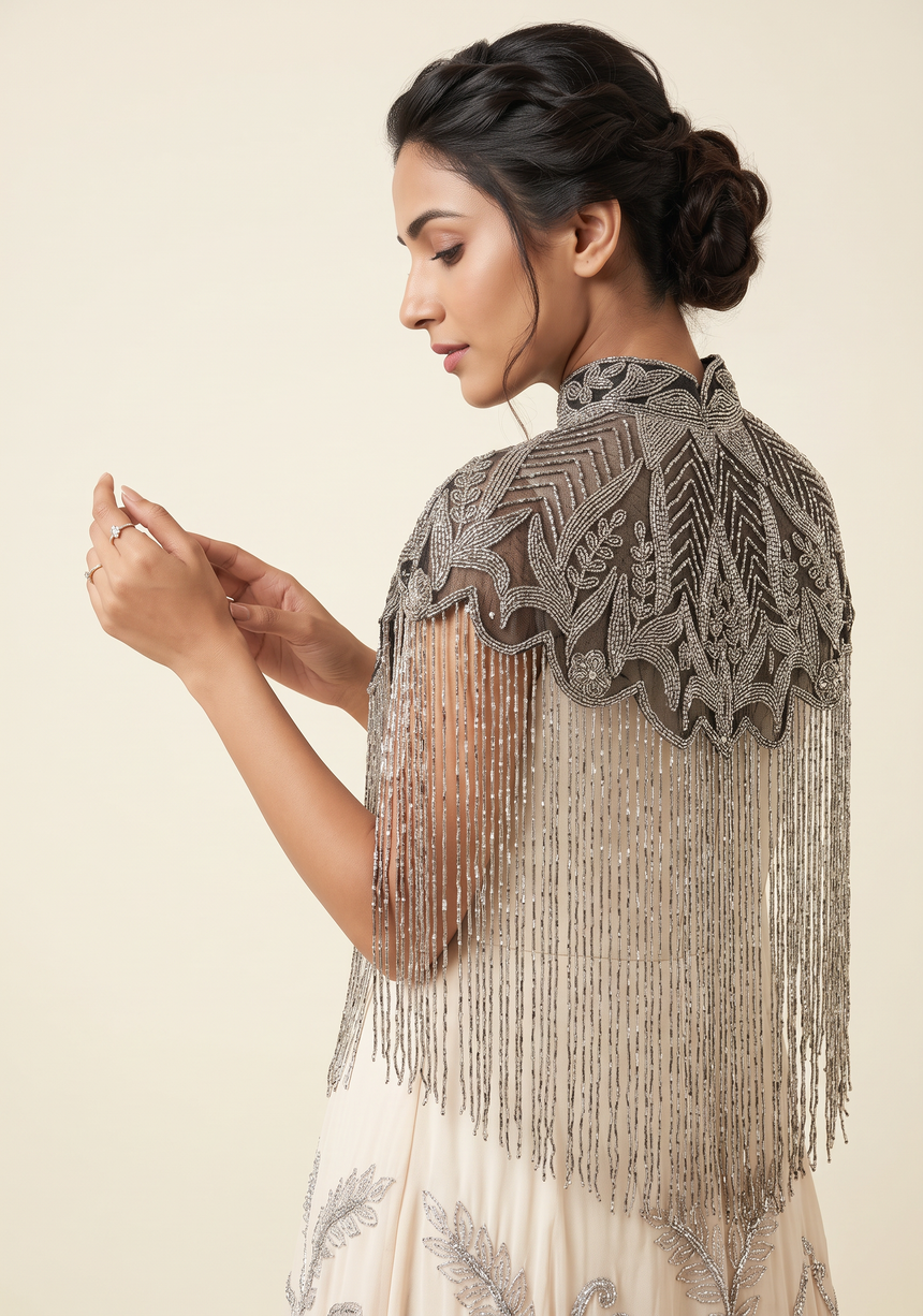 ibBan Beaded Net Neck Cape with Fringe - Sela