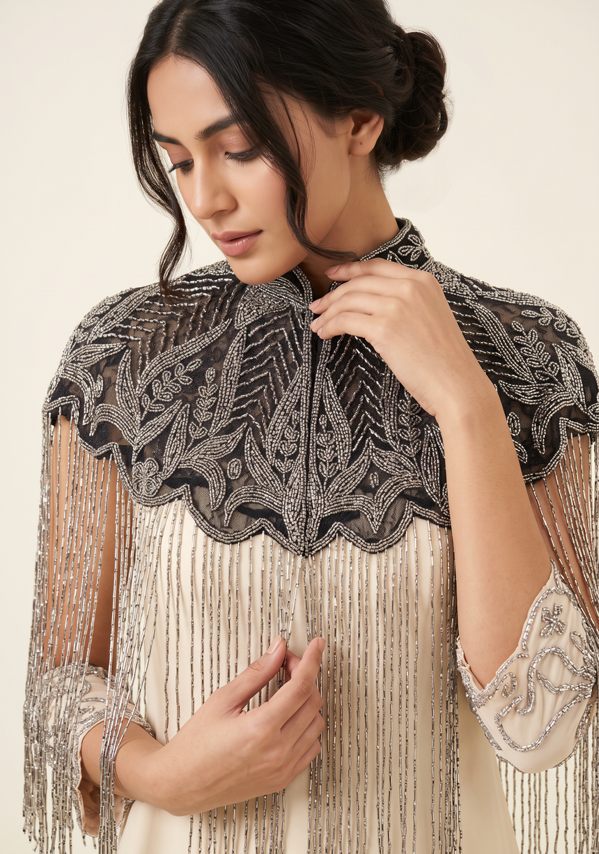 ibBan Beaded Net Neck Cape with Fringe - Sela