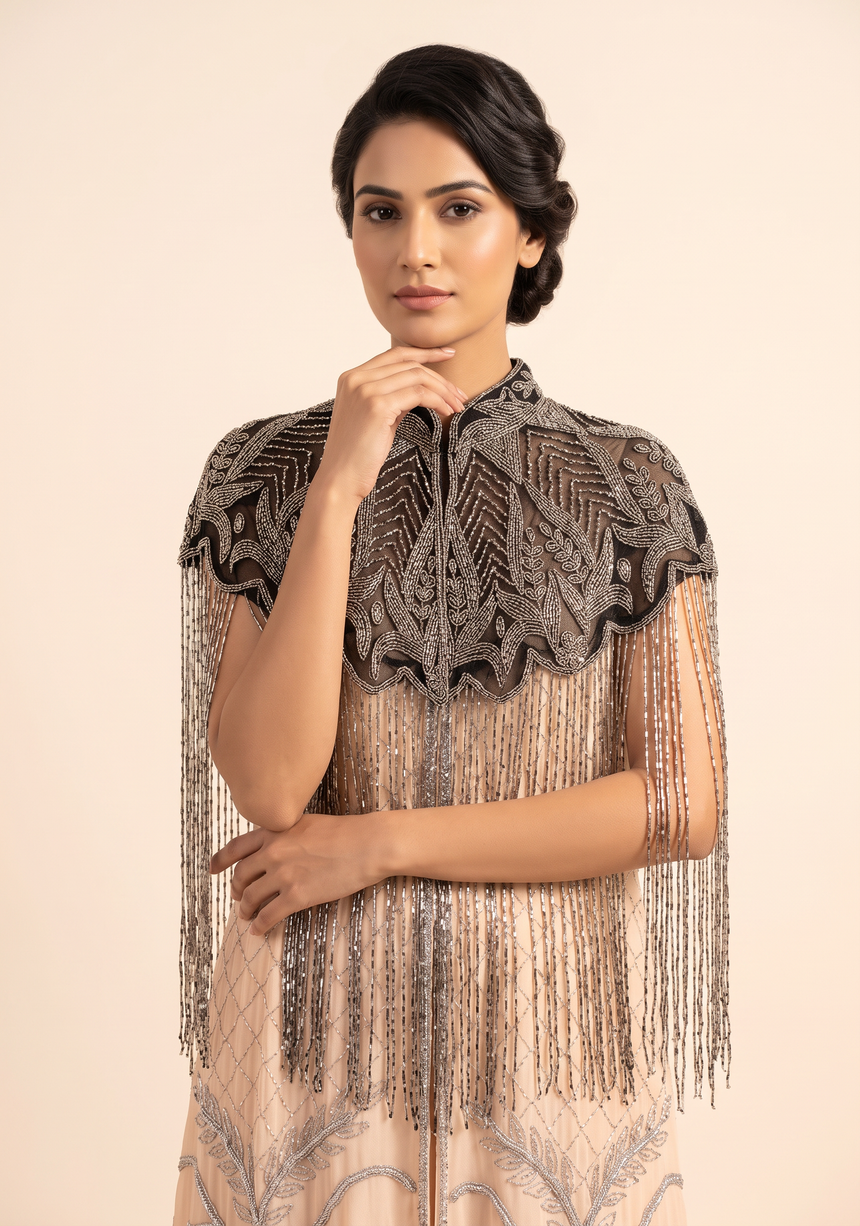 ibBan Beaded Net Neck Cape with Fringe - Sela