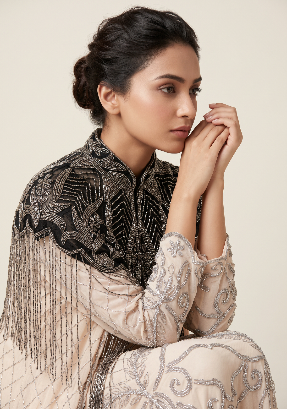 ibBan Beaded Net Neck Cape with Fringe - Sela