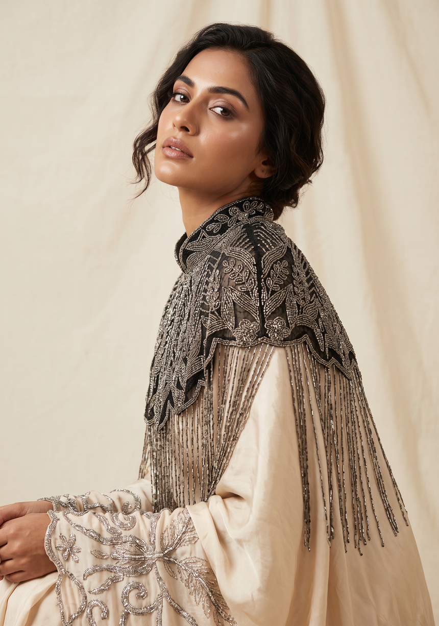 ibBan Beaded Net Neck Cape with Fringe - Sela