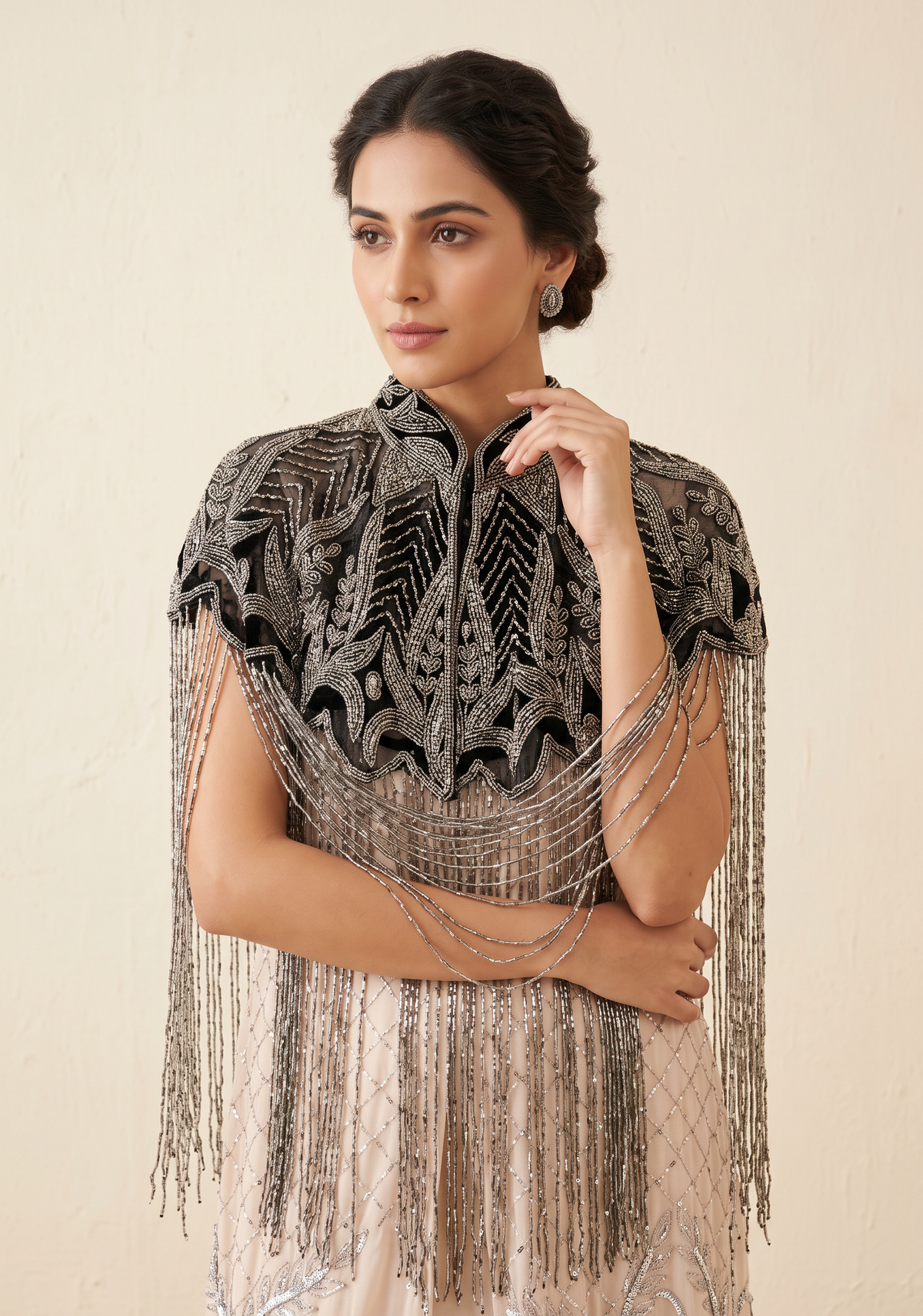 ibBan Beaded Net Neck Cape with Fringe - Sela