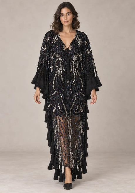 Women’s Kaftan Dress with Hand Beadwork & Tassel Fringe -Emlia