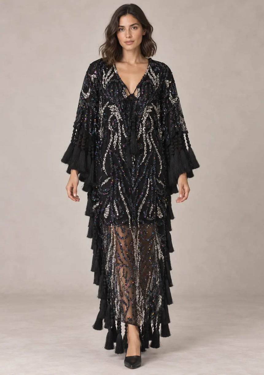 Women’s Kaftan Dress with Hand Beadwork & Tassel Fringe -Emlia