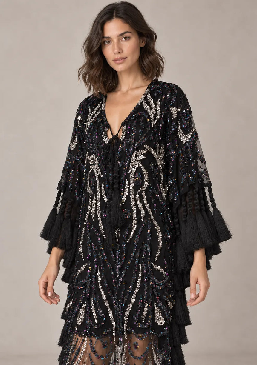 Women’s Kaftan Dress with Hand Beadwork & Tassel Fringe -Emlia