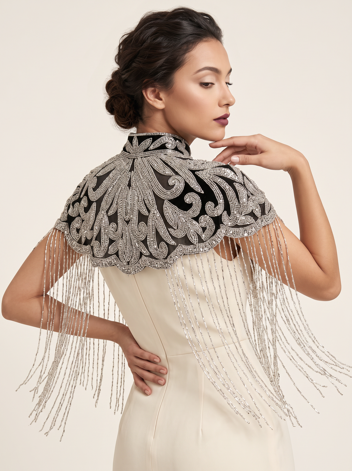 ibBan Beaded Net Neck Cape with Fringe - Linda