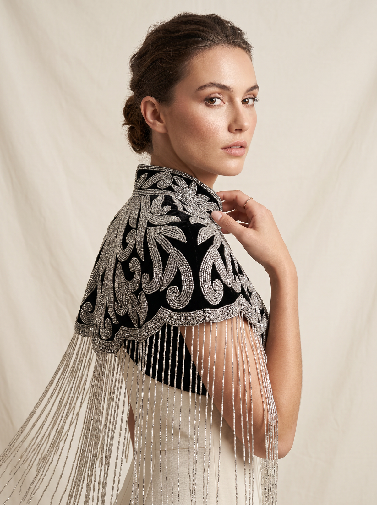 ibBan Beaded Net Neck Cape with Fringe - Linda