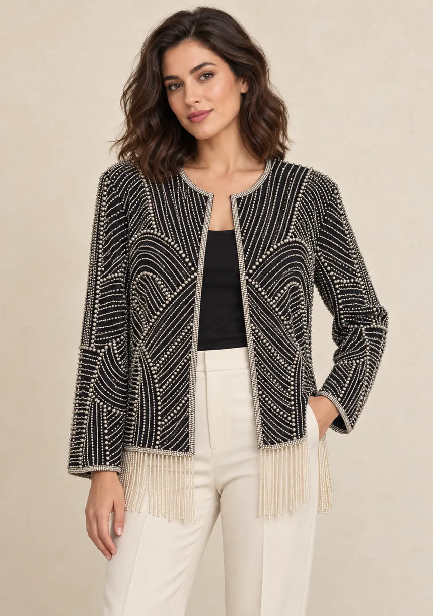 ibabn Women’s Hand Beaded Fringe Jacket - Amaya