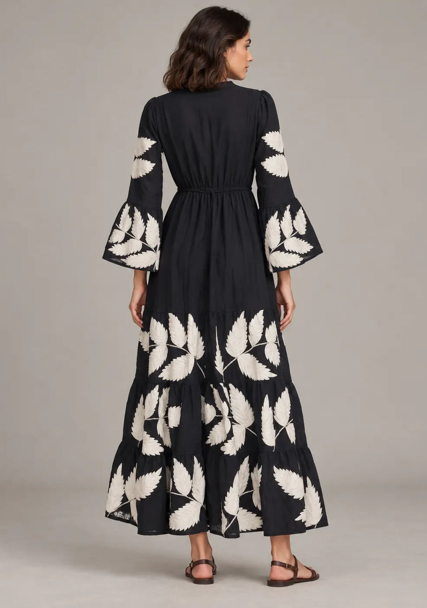 ibBan Leaf Print Cotton Maxi Dress with Tassel Tie - Livia