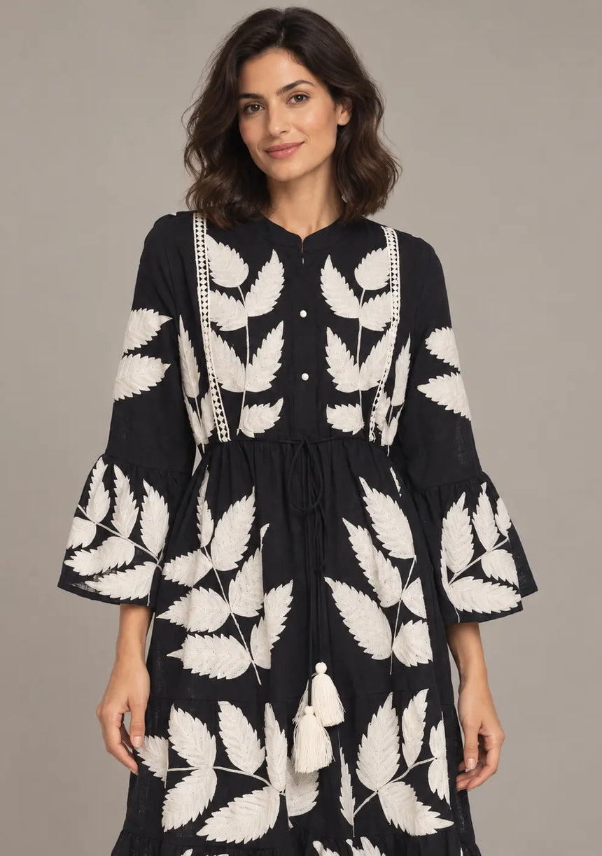 ibBan Leaf Print Cotton Maxi Dress with Tassel Tie - Livia