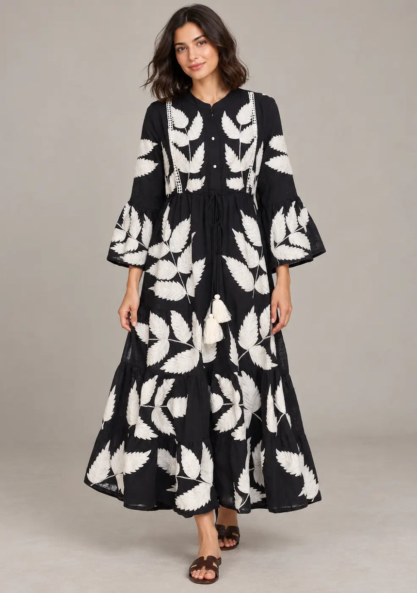 ibBan Leaf Print Cotton Maxi Dress with Tassel Tie - Livia