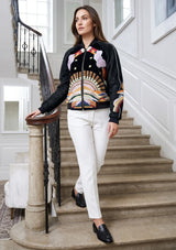 ibBan Luxury Hand Embroidered Split Leather Sleeve Bomber Collar Jacket - Broklyn