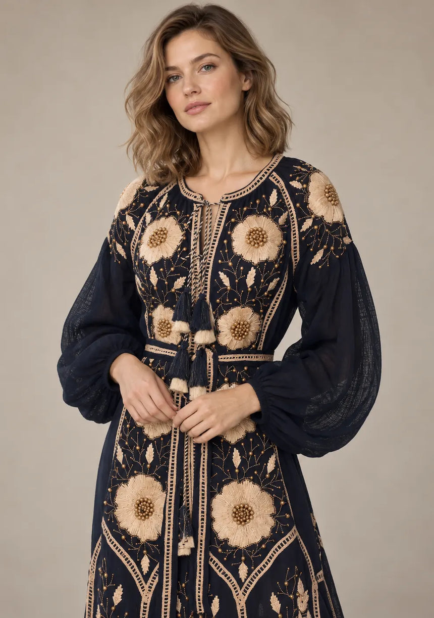 ibBan Floral Embroidered Cotton Long Dress - Johri