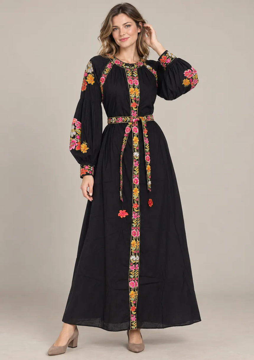 ibBan Floral Cotton Long Dress wint Hand Embroidery - Zayra