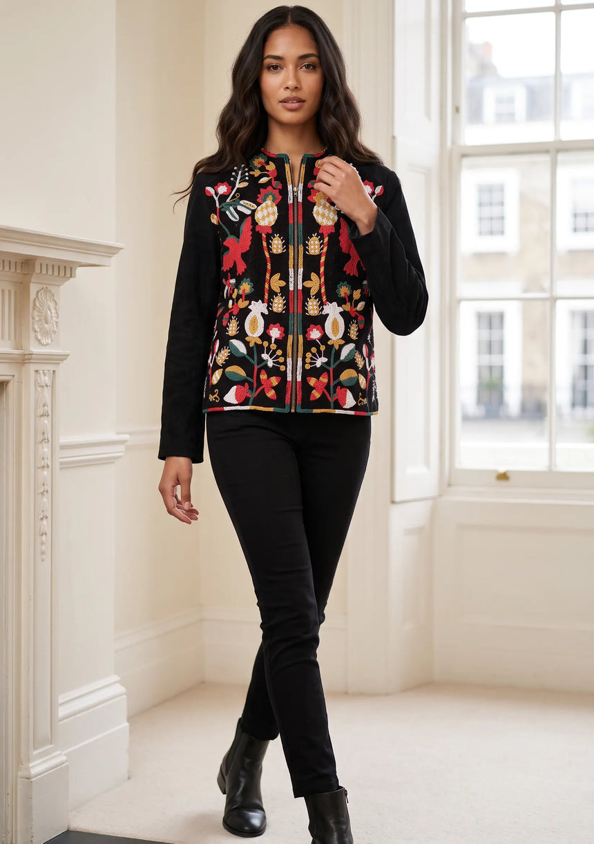ibBan Luxury Leather Sleeve Embroidered Winter Jacket - Sanya Jacket
