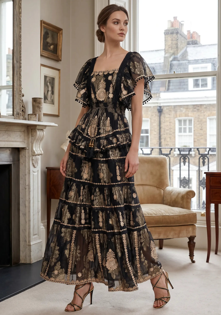 ibBan Black Hand Embroidered Cotton Lurex Winter Maxi Dress | Luxury Occasion Wear - Mavi