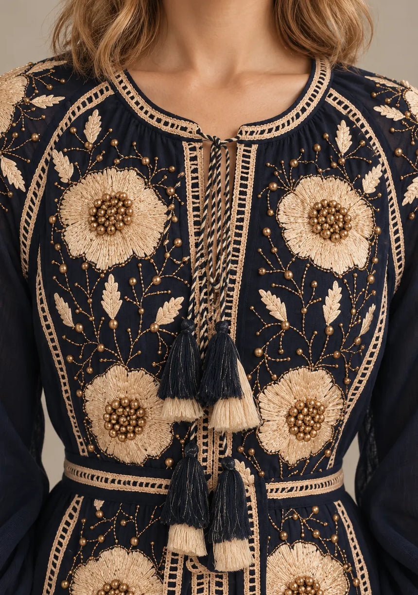 ibBan Floral Embroidered Cotton Long Dress - Johri