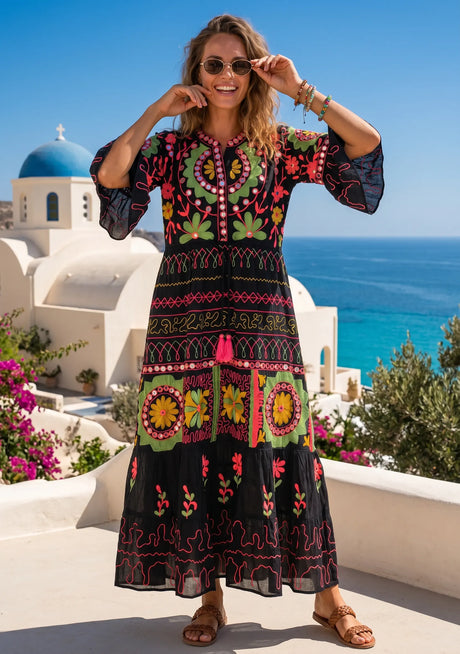 Women's Hand Embroidery Cotton Long Tunic Dress with Embroidery | ibBan - Orla