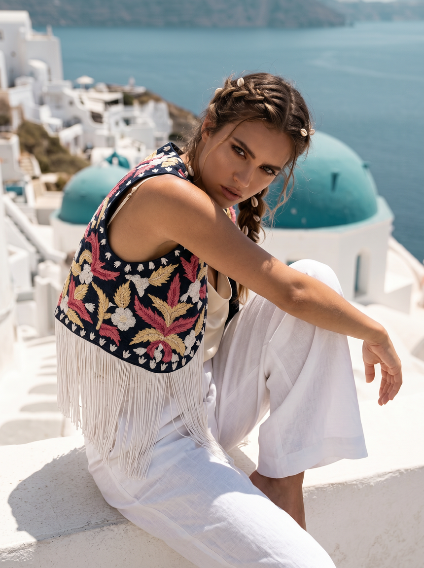ibBan Hand Embroidered Jute Gilet | Luxury Summer Women's Vest -Donia