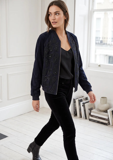 Veste en cuir d'hiver à manches pour femme ibBan | Blouson aviateur brodé main - Veste Paisley