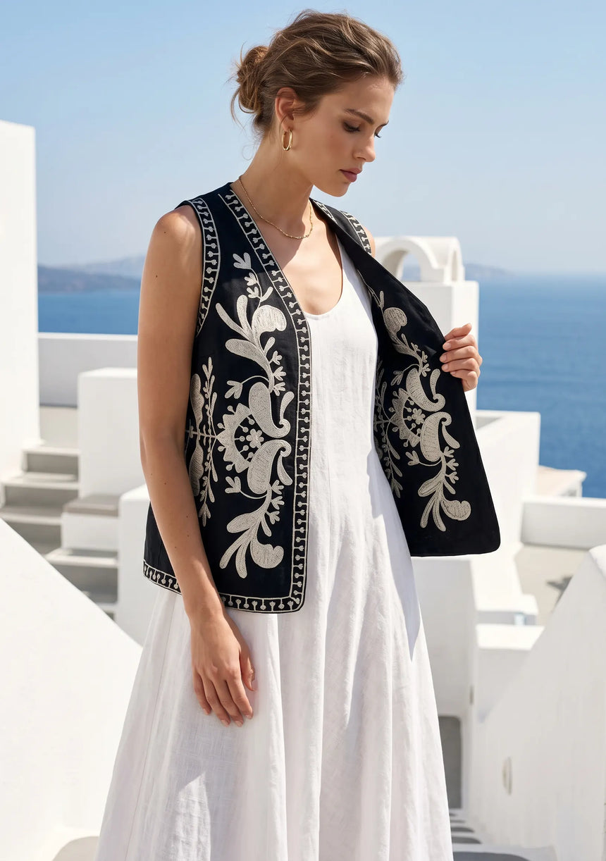 ibBan Hand Embroidered Summer Vest | Women's Cotton Canvas Designer Vest - Perla