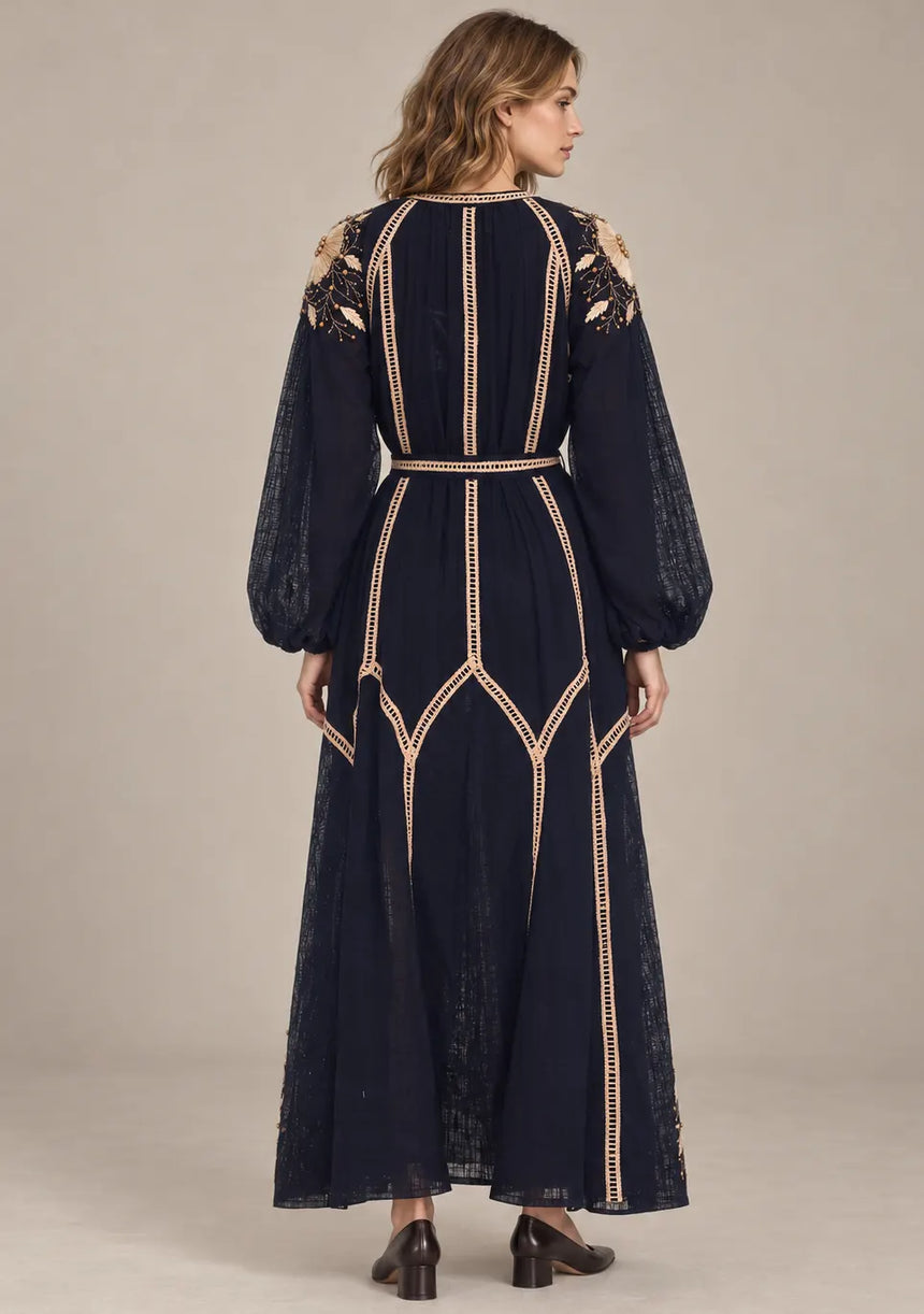 ibBan Floral Embroidered Cotton Long Dress - Johri