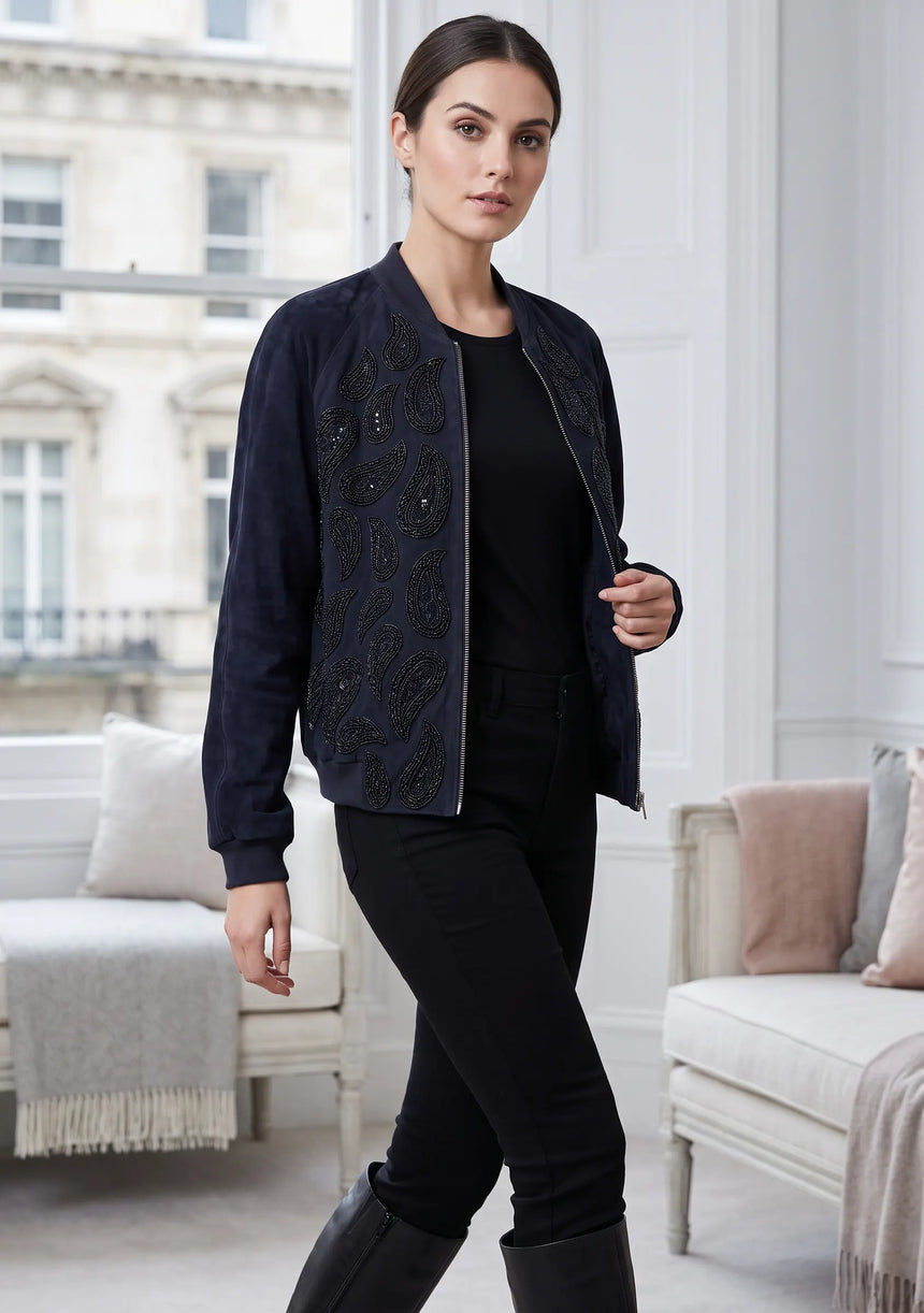 ibBan Women's Winter Leather Sleeve Jacket | Hand Embroidered Designer Bomber -Paisley jacket