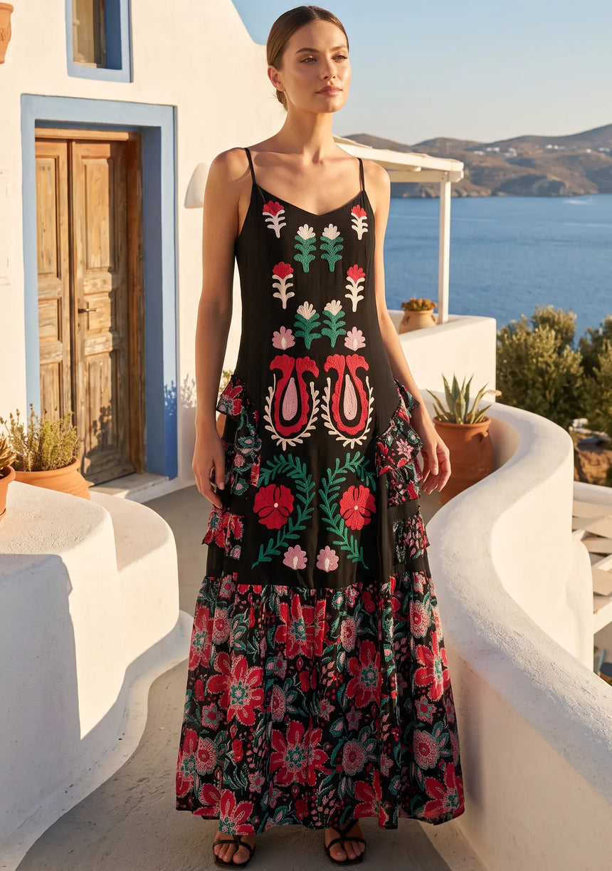 ibBan Embroidered Cotton Strap Maxi Dress with Floral Print - Huwa