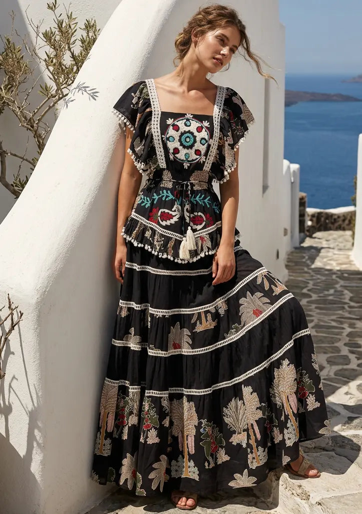 ibBan Embroidered Cotton Maxi Dress with Tiered Floral  - Lamis