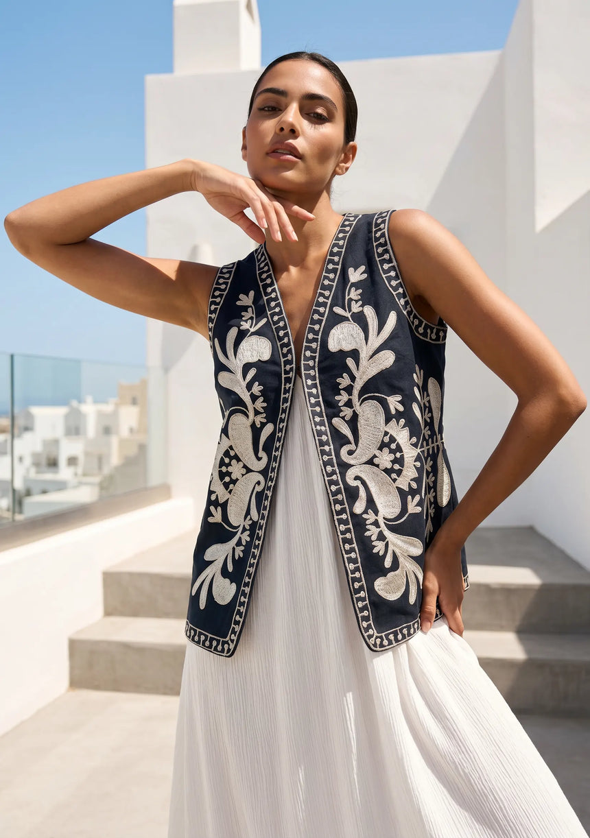 ibBan Hand Embroidered Summer Vest | Women's Cotton Canvas Designer Vest - Perla