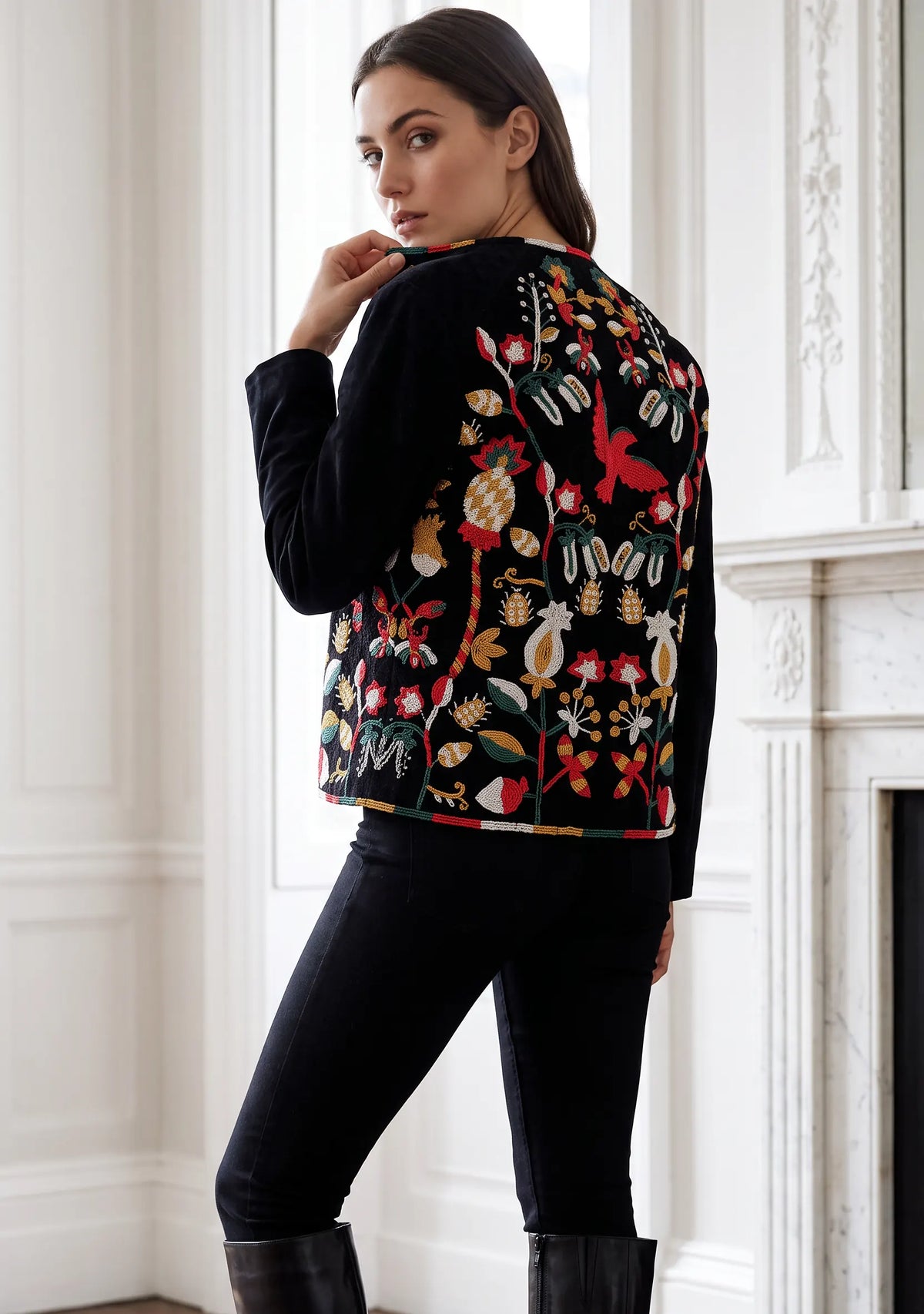 Sanya Jacket - Embroidered Faux Fur, Leather Sleeves
