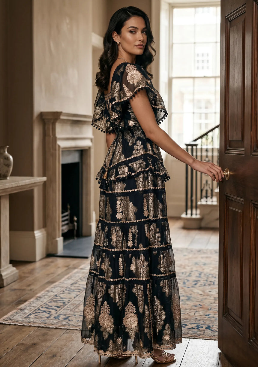 ibBan Black Hand Embroidered Cotton Lurex Winter Maxi Dress | Luxury Occasion Wear - Mavi