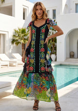 Vestido largo de algodón con cuello en V para mujer - Sanura