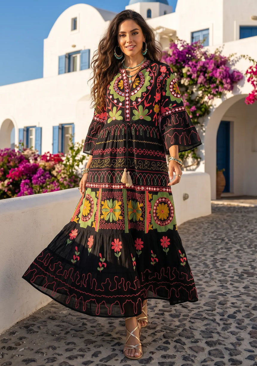 Women's Hand Embroidery Cotton Long Tunic Dress with Embroidery | ibBan - Orla