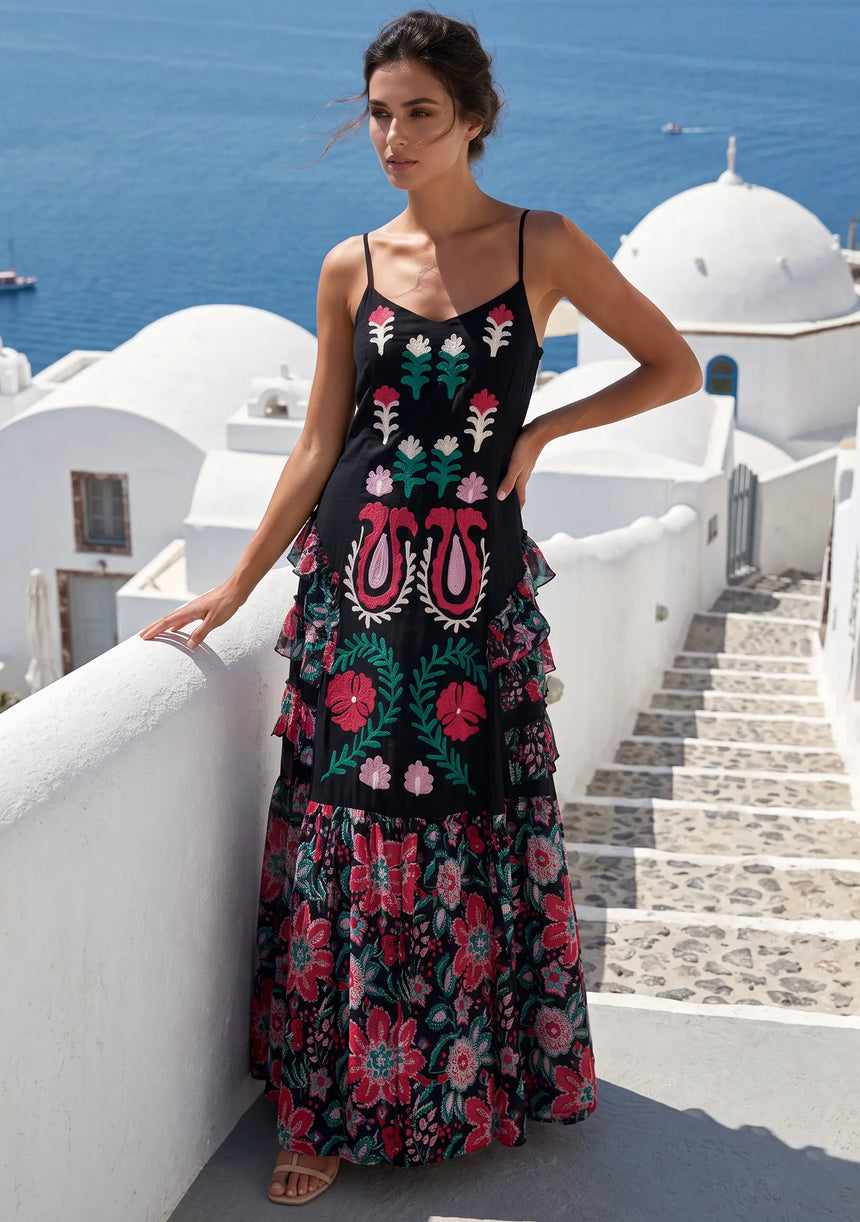 ibBan Embroidered Cotton Strap Maxi Dress with Floral Print - Huwa