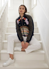 ibBan Luxury Hand Embroidered Split Leather Sleeve Bomber Collar Jacket - Broklyn